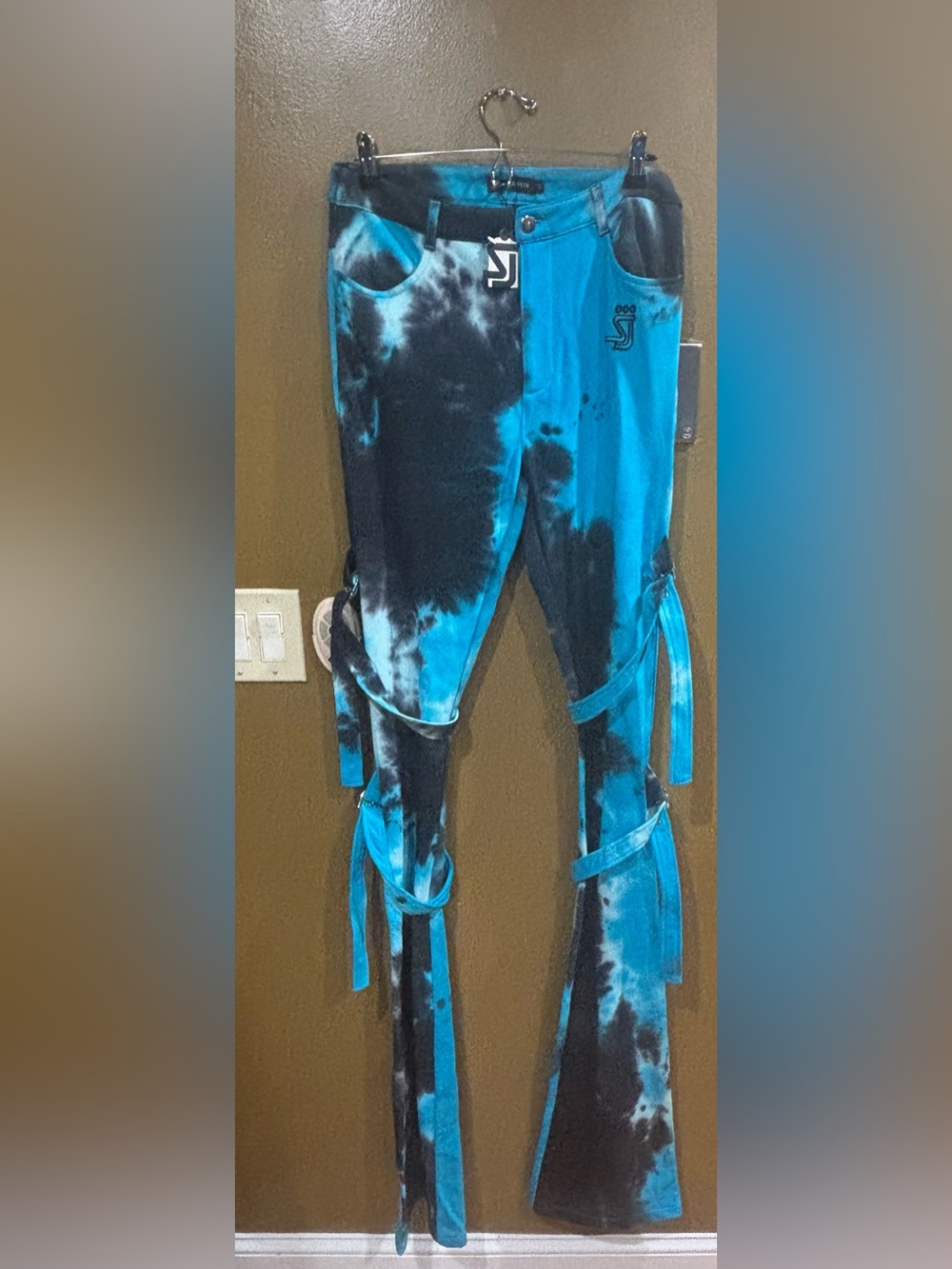 NWT Shane Justin Unisex Stacked Extendo pants W/buckles size M(Turquoise, Black)